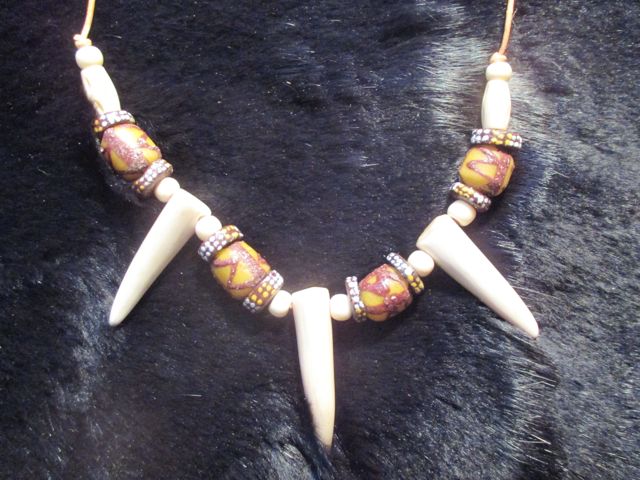 Deer Antler Tip tribal necklace on leather cord with trade beads