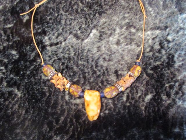 Polished Fossil Walrus tooth with snake vertebrae and trade beads