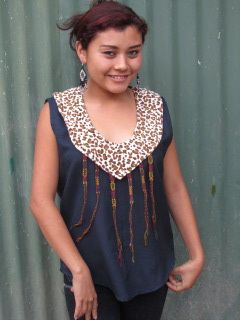 Handmade cotton sleeveles blouse with Jaguar print yoke w/ friendship bracelets