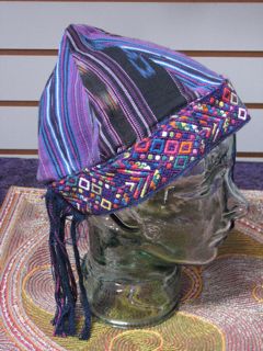 blues and purples hand woven fabric patchwork hat